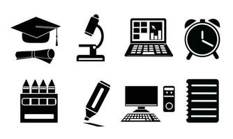 School supplies icon vector set. Back to school concept. Welcome back to school background. Learning and education concept. Flat vector in black isolated on white background.