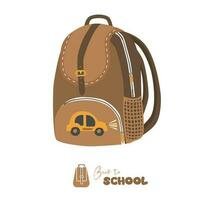 Pulpil backpack vector in brown. School backpack flat vector in cartoon style. School bag vector illustration. School and education concept. Back to school theme. stationery.