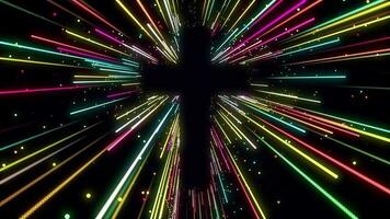 Yellow blue pink floating glowing color sunburst rays from cross of jesus christ shape background loop. video