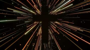 Brown floating glowing color sunburst rays from cross of jesus christ shape background loop. video