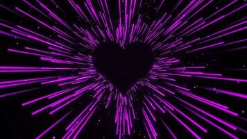 Purple creative colored glow lines traces flowing from heart seamless backdrop. Floating glowing color rays from love shape background loop. Template for title. Place for text. video