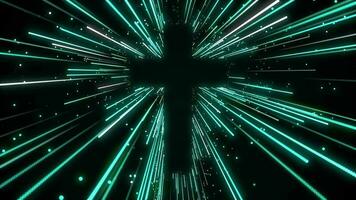 Turquoise floating glowing color sunburst rays from cross of jesus christ shape background loop. video