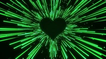 verde flotante brillante color rayos desde amor forma antecedentes bucle. creativo de colores resplandor líneas huellas fluido desde corazón sin costura fondo. modelo para título. sitio para texto. video