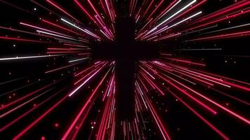 Red pink floating glowing color sunburst rays from cross of jesus christ shape background loop. video