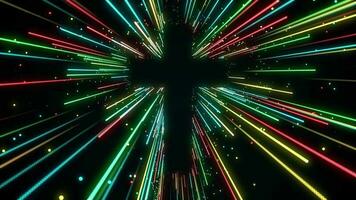 Yellow blue red green gloating glowing color sunburst rays from cross of jesus christ shape background loop. video