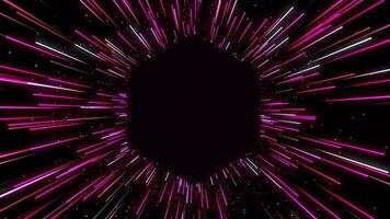 Pink creative colored glow lines traces flowing from hexagonal seamless backdrop. Floating glowing color rays from hexagon shape background loop. Template for title. Place for text. video