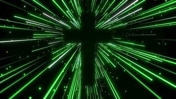 Green floating glowing color sunburst rays from cross of jesus christ shape background loop. video