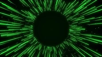 Green floating glowing color rays from circle shape background loop. Creative colored glow lines traces flowing from round seamless backdrop. Template for title. Place for text. video