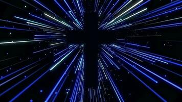 High blue floating glowing color sunburst rays from cross of jesus christ shape background loop. video