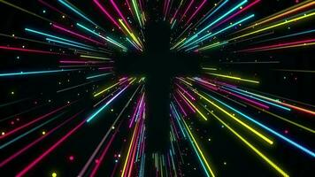 Yellow blue pink black floating glowing color sunburst rays from cross of jesus christ shape background loop. video