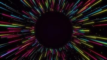 Yellow blue violet black loating glowing color rays from circle shape background loop. Creative colored glow lines traces flowing from round seamless backdrop. Template for title. Place for text. video