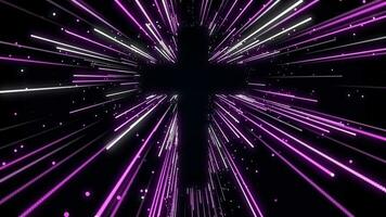 Violet floating glowing color sunburst rays from cross of jesus christ shape background loop. video
