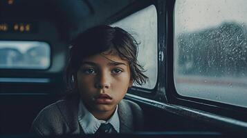 Sad, Afraid, Lonely and Cold Child Sits on a School Bus Alone - . photo