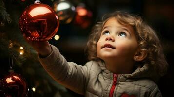 un joven niña niño disfrutando decorando el Navidad árbol - generativo ai. foto