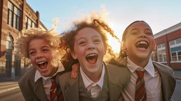 contento riendo multiétnico niños en su camino a colegio - generativo ai. foto