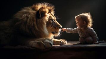 perfil de un audaz bebé niño alcanzando para el cara de un muy grande león sentado siguiente a su - generativo ai. foto