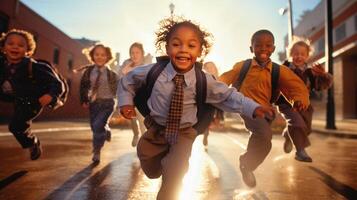 contento riendo multiétnico niños en su camino a colegio - generativo ai. foto