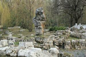 Chinese traditional stone garden. Green plants and rocks in oriental forest. Decorative shrub for landscaping in Asian style. Zen garden with grass and pebbles. Marble rockery stone photo