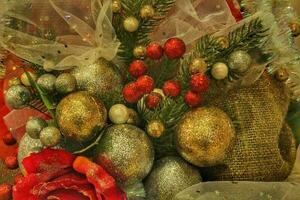 Close-up of Christmas tree in the house with decoration. Garland, lights, baubles and flowers on spruce fir branches. Winter holidays composition photo