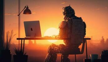 ai generado moderno robot sentado en un oficina y trabajando en un ordenador portátil durante puesta de sol foto