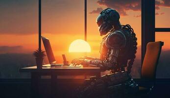 ai generado moderno robot sentado en un oficina y trabajando en un ordenador portátil durante puesta de sol foto