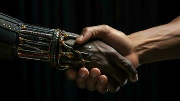 Ai Generated Handshake of modern robot hand with man closeup picture photo