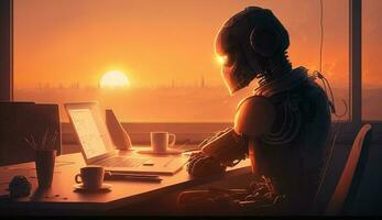 Ai Generated Modern Robot sitting in an office and working on a laptop during sunset photo