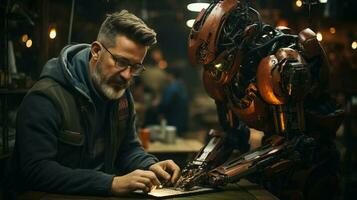 Ai Generated wide picture of a modern robot helping a man in repairing photo