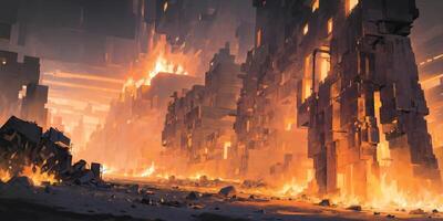 anime background, landscape, hell, fire, flame, lava, city, town, generative ai, generative, ai photo