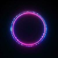 Neon blue pink round frame ring, circle shape glowing light with dark background. 80's retro style, copy space photo