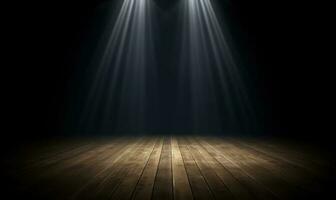 Empty dark stage with spotlight ad wooden floor photo