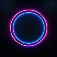 Neon blue pink round frame ring, circle shape glowing light with dark background. 80's retro style, copy space photo