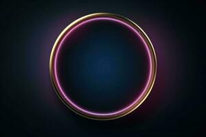 Neon blue pink round frame ring, circle shape glowing light with dark background. 80's retro style, copy space photo