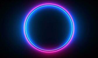 Neon blue pink round frame ring, circle shape glowing light with dark background. 80's retro style, copy space photo