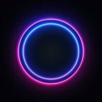 Neon blue pink round frame ring, circle shape glowing light with dark background. 80's retro style, copy space photo