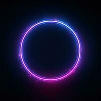 Neon blue pink round frame ring, circle shape glowing light with dark background. 80's retro style, copy space photo