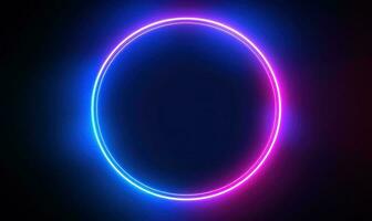 Neon blue pink round frame ring, circle shape glowing light with dark background. 80's retro style, copy space photo