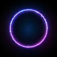 Neon blue pink round frame ring, circle shape glowing light with dark background. 80's retro style, copy space photo