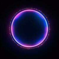 Neon blue pink round frame ring, circle shape glowing light with dark background. 80's retro style, copy space photo