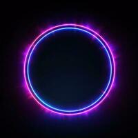 Neon blue pink round frame ring, circle shape glowing light with dark background. 80's retro style, copy space photo