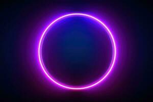 Neon blue pink round frame ring, circle shape glowing light with dark background. 80's retro style, copy space photo