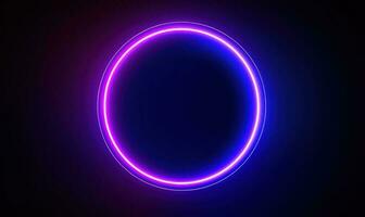 Neon blue pink round frame ring, circle shape glowing light with dark background. 80's retro style, copy space photo