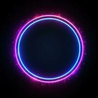 Neon blue pink round frame ring, circle shape glowing light with dark background. 80's retro style, copy space photo