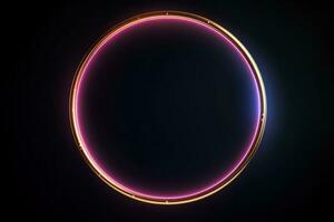 Neon blue pink round frame ring, circle shape glowing light with dark background. 80's retro style, copy space photo