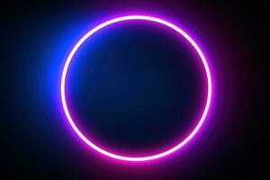 Neon blue pink round frame ring, circle shape glowing light with dark background. 80's retro style, copy space photo