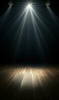 Empty dark stage with spotlight ad wooden floor photo