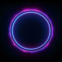 Neon blue pink round frame ring, circle shape glowing light with dark background. 80's retro style, copy space photo