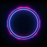 Neon blue pink round frame ring, circle shape glowing light with dark background. 80's retro style, copy space photo