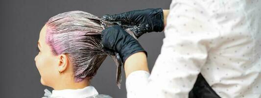 A hairdresser is applying color to the hair of a customer. Hair coloring in a beauty salon. Beauty and people concept. Close-up back view. photo