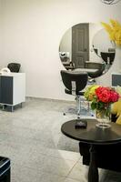 Interior of modern bright hair salon, manicure salon, or beauty salon. photo